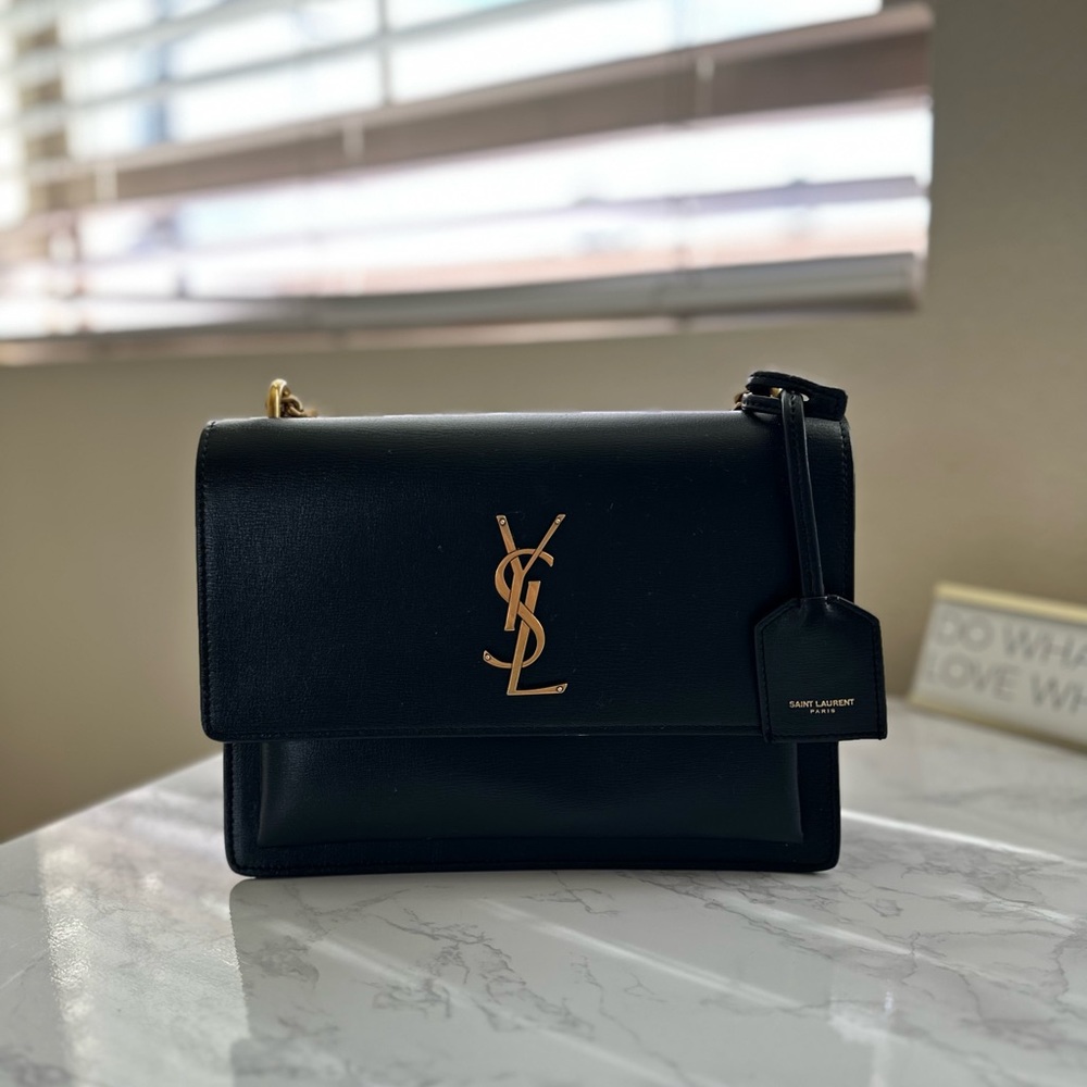 YSL Sunset Medium Chain Bag in Smooth Leather - Black and Gold